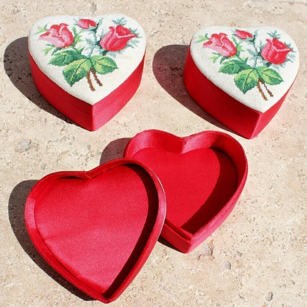 Needlepoint Mini Petite Stitch Roses Floral Red Heart Containers Set of 3